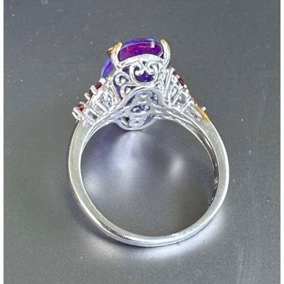 Rhodolite Garnet Silver Ring Gold Plated Accents Size 11 Oval Cut Elegant Design - Picture 8 of 8